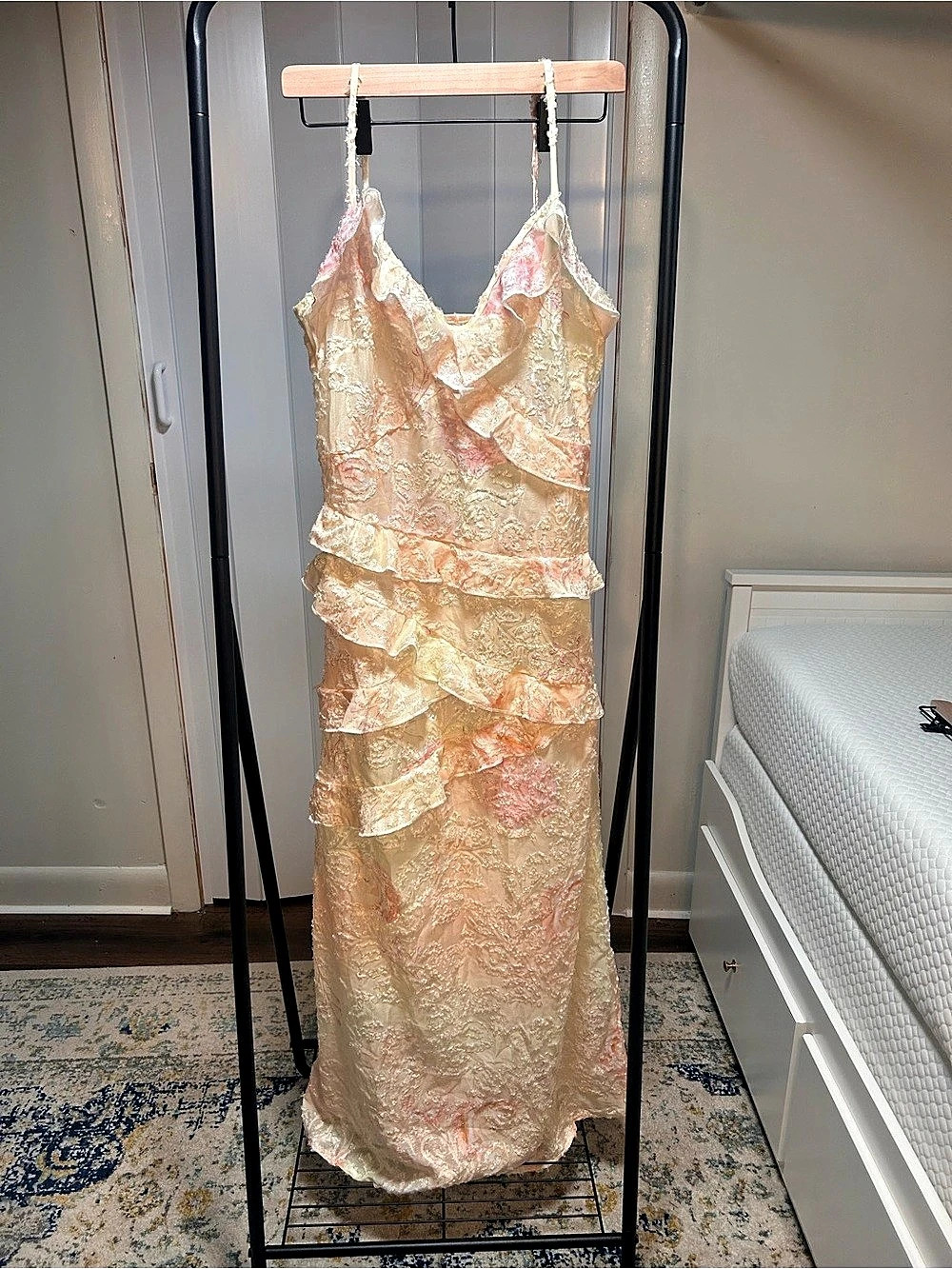 Floral Ruffle Maxi Dress Pink & Cream Large